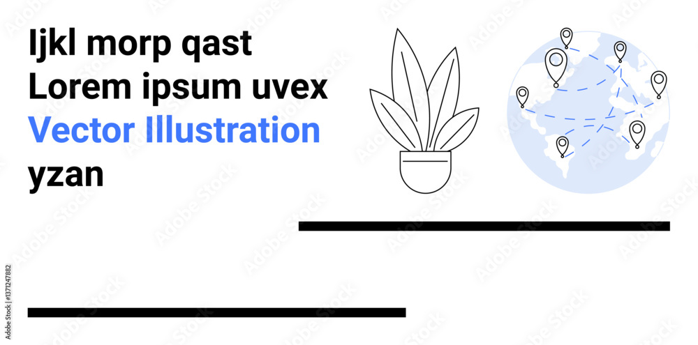 Fototapeta premium Potted plant beside globe with location pins and connecting lines. Ideal for global collaboration, eco-technology, sustainability, logistics, remote work, network growth, flat landing page banner