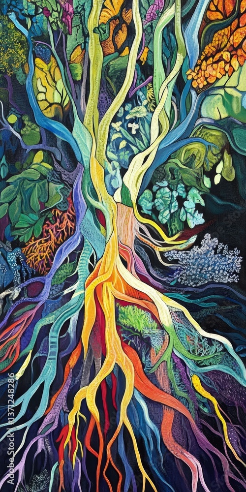 Fototapeta premium Vivid tree roots branching upward into vibrant leaves.