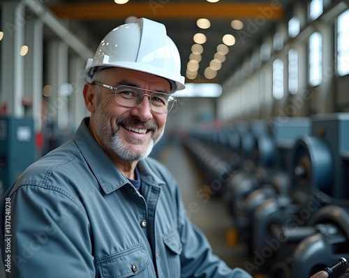 Smiling elderly worker in a hard hat and safety glasses in an industrial setting.
