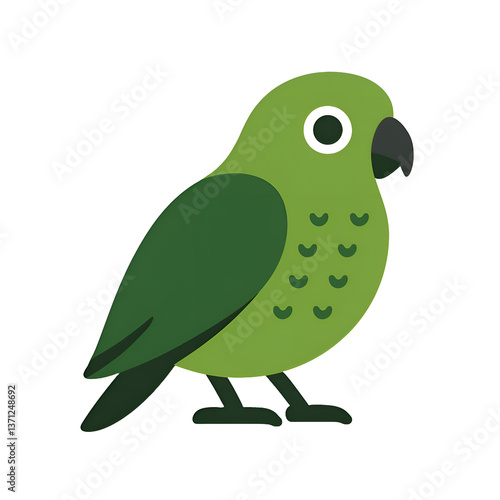 A simple and charming flat-style illustration of a green parrot. The design features clean lines and minimalistic shapes, set against a transparent background.