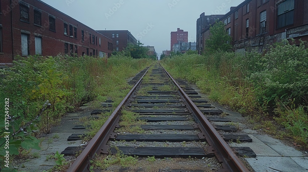 Naklejka premium The view down abandoned railroad tracks surrounded by buildings and weeds