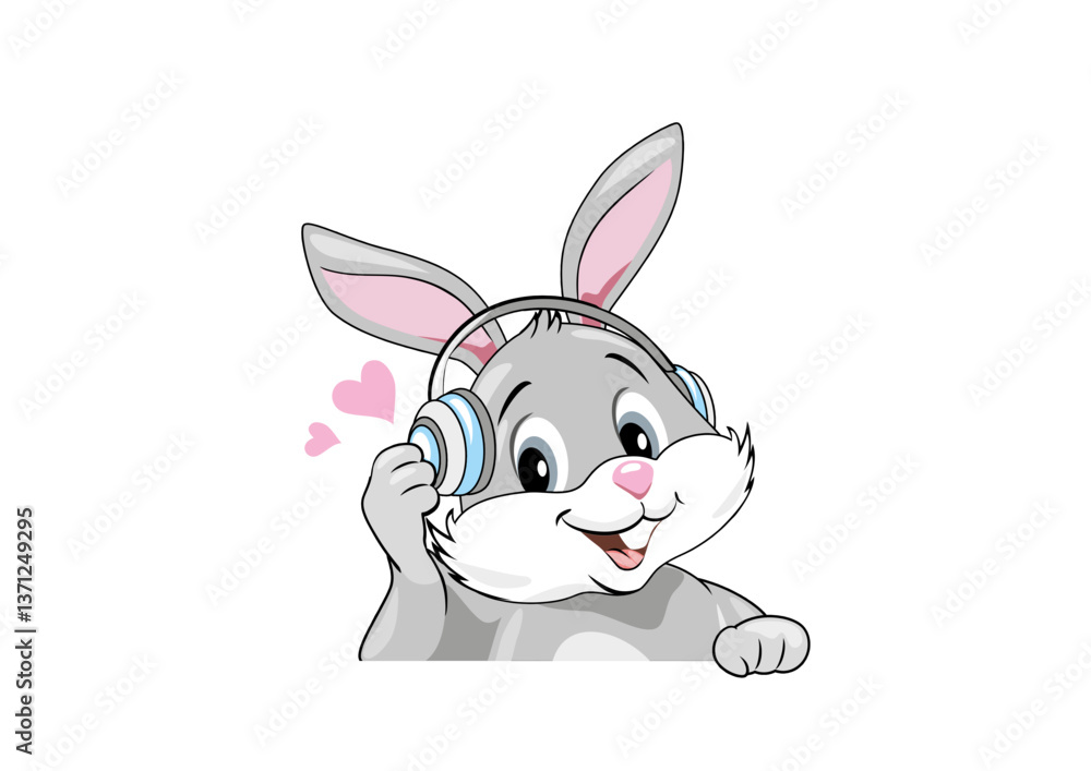 Obraz premium Smiling bunny listen to music in headphones