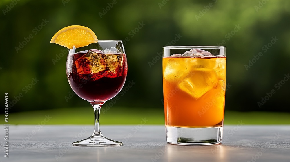 Two different drinks containing ice and garnish sit on a gray surface with blurred green background. Two different drinks containing ice and garnish sit on a gray surface with blurred green background.