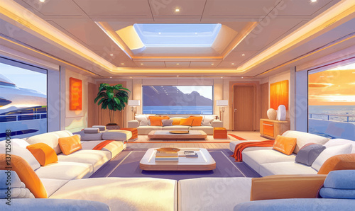 illustration of modern spacious living room of luxury yacht
