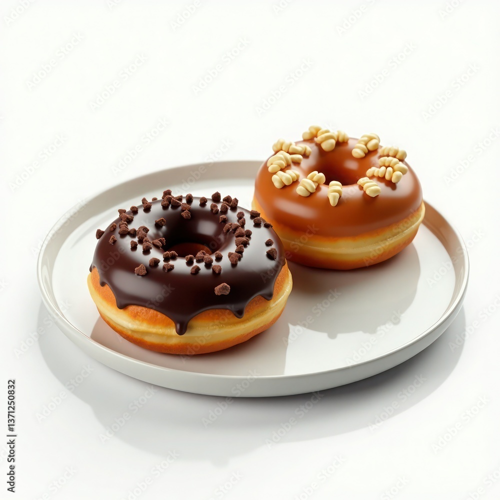 Delicious gourmet donuts displayed on a minimalistic plate, featuring chocolate and caramel toppings. Delicious gourmet donuts displayed on a minimalistic plate, featuring chocolate and caramel toppings.