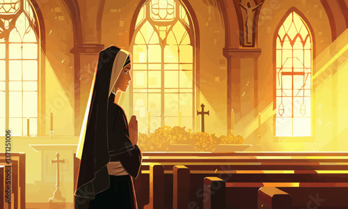 Illustration of a beautiful nun in church created with