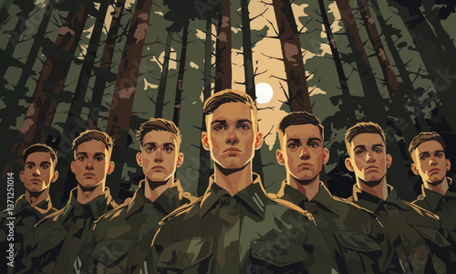 illustration of group of emotionless young soldiers in military uniform standing in a forest and looking at camera