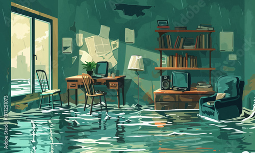 illustration of home office flooded by sea with broken windows and floating furniture in water during stormy weather