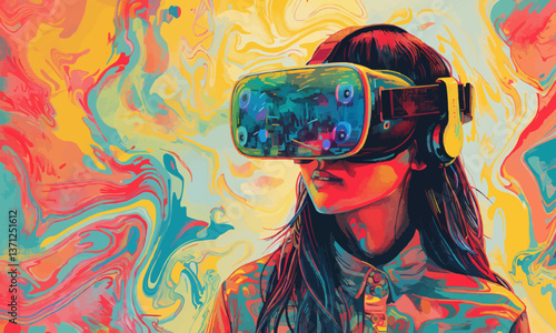 illustration of calm woman in modern VR goggles interacting with virtual reality against colorful abstract background