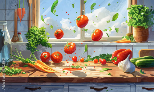 illustration of fresh ripe vegetables and herbs on wooden table and flying over it in kitchen with various ingredients