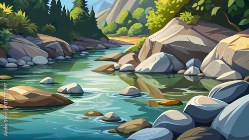 polished river rocks by clear water in green forest illustration cartoon