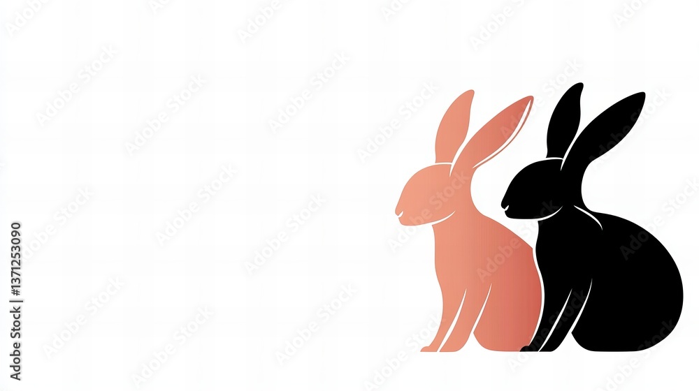 Obraz premium Two rabbits are sitting together against a white background, one colored peach and one black.