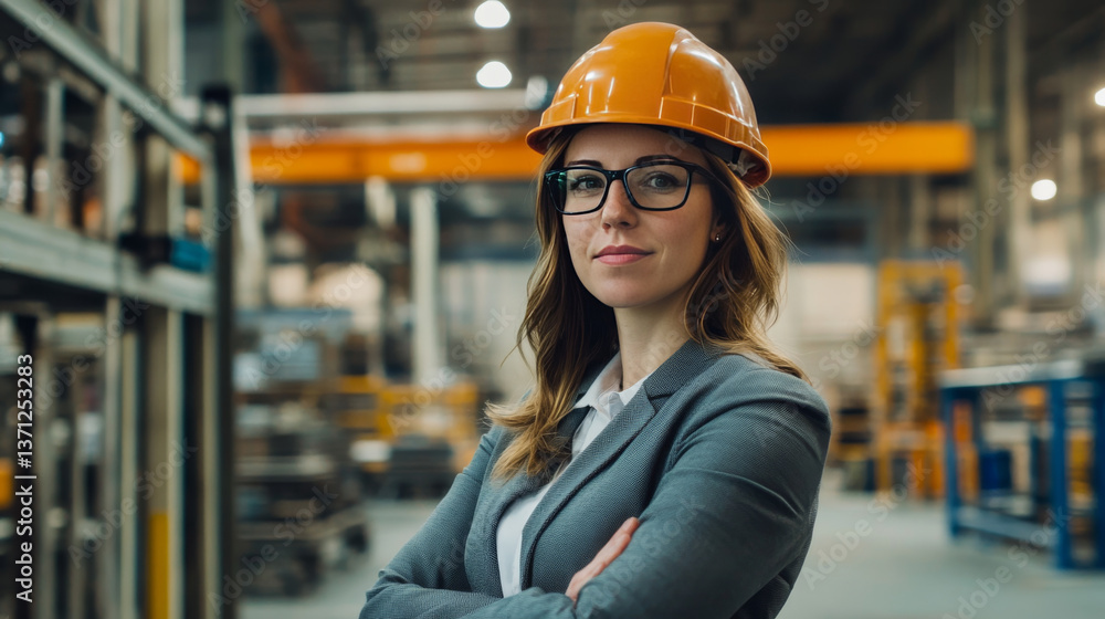 Portrait of a Professional Heavy Industry Engineer Worker Wearing Uniform, Glasses and Hard Hat in a Steel Factory. Beautiful Female Industrial Specialist Standing in Metal Construction Facility. Portrait of a Professional Heavy Industry Engineer Worker Wearing Uniform, Glasses and Hard Hat in a Steel Factory. Beautiful Female Industrial Specialist Standing in Metal Construction Facility.