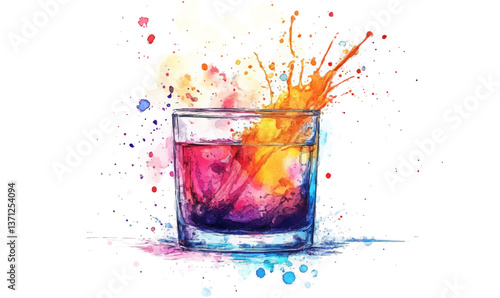 Colorful ink and paint mixture in a glass of water, watercolor technique, artistic splatter