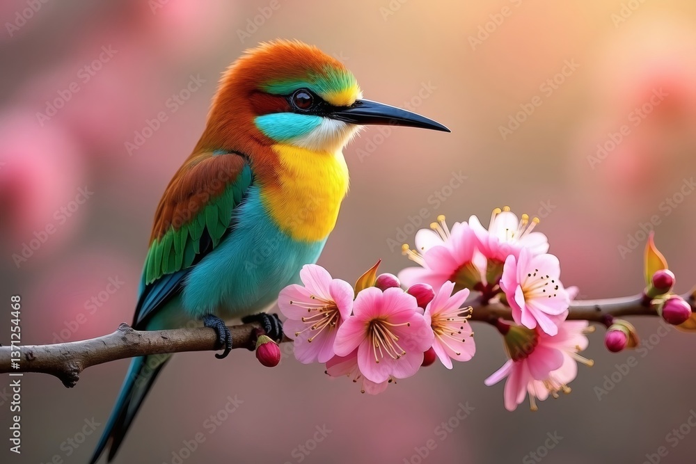 Fototapeta premium Vibrant bird perched on flowering branch in spring light