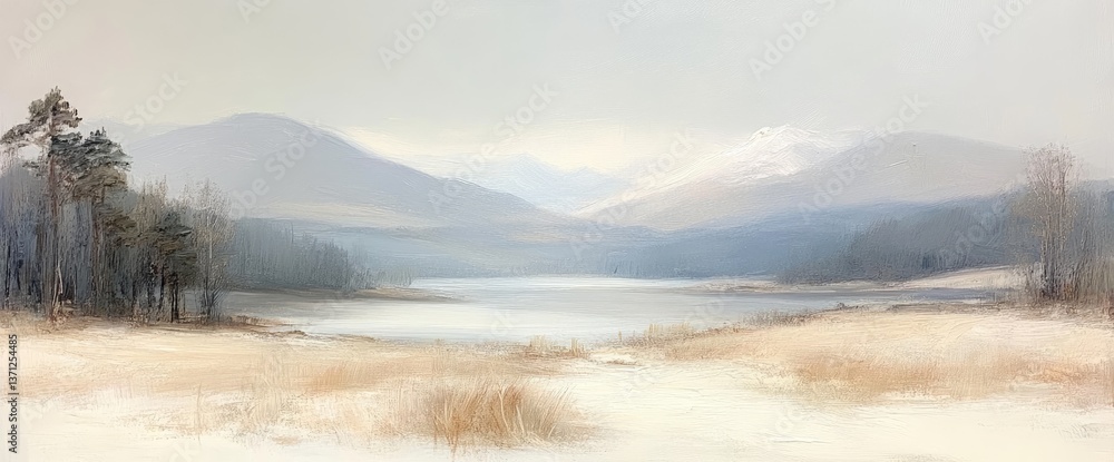 Fototapeta premium Serene waters nestled amongst rolling mountains and forests, under a soft, muted sky