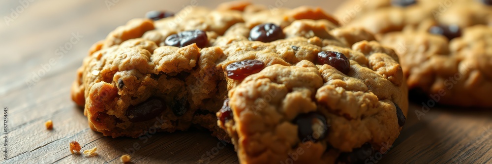 Freshly baked oatmeal cookies with chocolate chips and a crispy texture on a wooden surface Freshly baked oatmeal cookies with chocolate chips and a crispy texture on a wooden surface