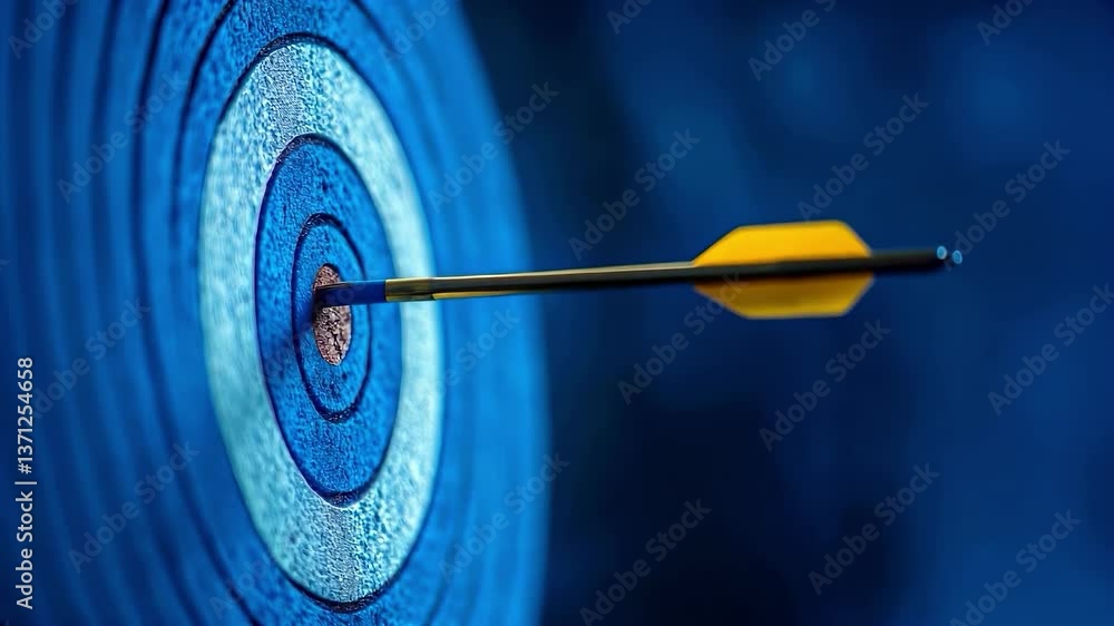 Arrow shot in bullseye of a blue target, strategy aim, business success, challenge performance Arrow shot in bullseye of a blue target, strategy aim, business success, challenge performance