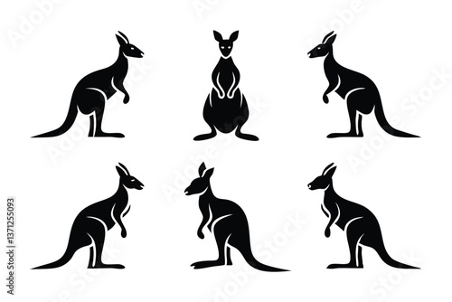 Set of Kangaroo Silhouette on White Background. Black Color Vector Concept Illustration. 