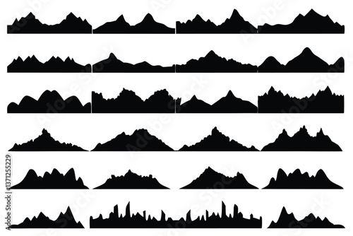 Black rock hill and mountain silhouettes of rocky landscape shapes, vector mount peak icons. Mountain rocks or canyon mount range silhouette for hiking, camping tourism or climbing sport and travel
