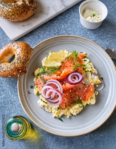 Wallpaper Mural Fluffy scrambled eggs with buttery lox, sautéed onions, fresh dill, and black pepper, served with a golden toasted bagel, cream cheese, and lemon for a savory, tangy, and comforting breakfast. Torontodigital.ca
