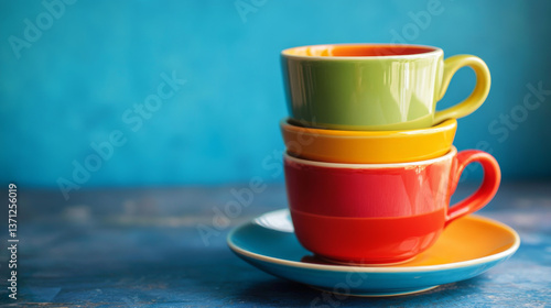 Composition of bright colorful ceramic mugs stacked on round shaped saucer against blue background