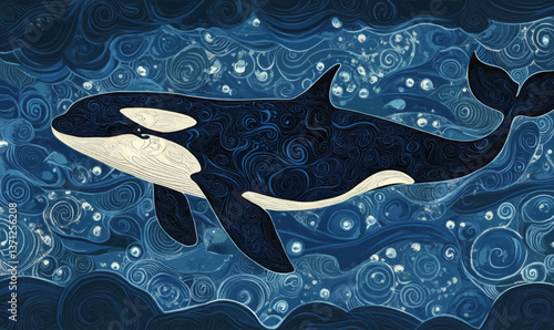 Dark blue orca whale swimming in the ocean, movement, swimming, water