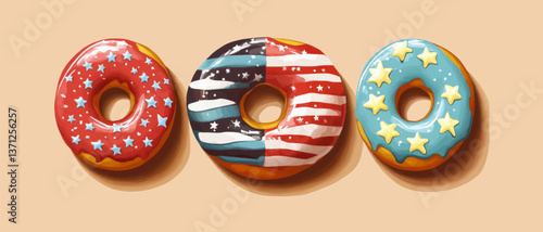 Four donuts with stars and stripes on them. The donuts are red, white, and blue