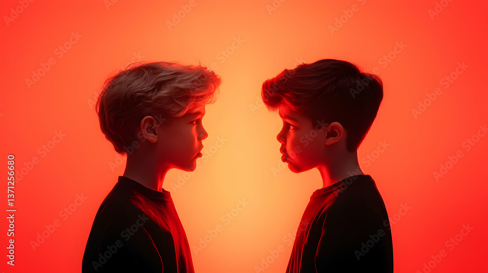 Two Boys Face Off in Red Studio Lighting Two Boys Face Off in Red Studio Lighting