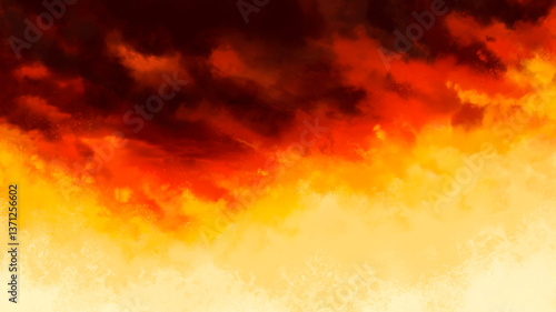 Burning city with skyscrapers black sky destruction and disaster apocalypse. Illustration realism art background.