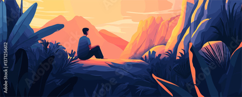 Solitary man enjoying sunrise on mountain cliff, vibrant landscape vector