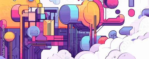 Futuristic geometric abstract art with vibrant colors in cloudscape - vector
