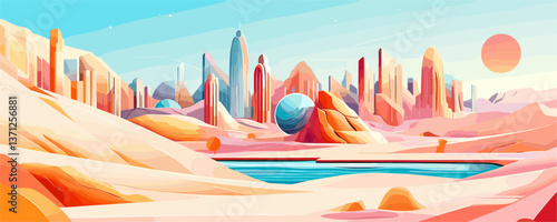 Futuristic desert cityscape with abstract landscape in soft pastels - vector