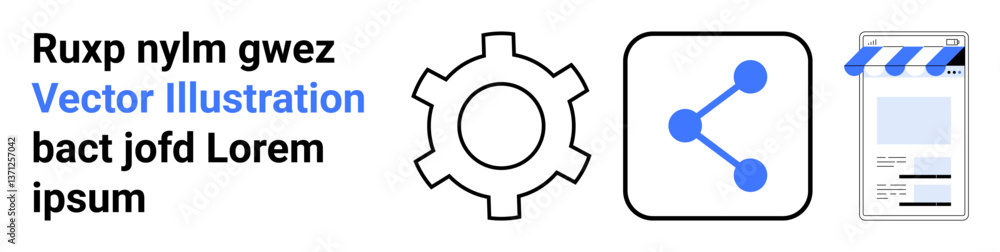 Gear icon, share symbol, e-commerce storefront, and bold text emphasizing functionality and connection. Ideal for technology, digital development, e-commerce, data sharing, teamwork tech branding Gear icon, share symbol, e-commerce storefront, and bold text emphasizing functionality and connection. Ideal for technology, digital development, e-commerce, data sharing, teamwork tech branding