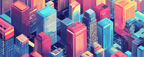 Colorful futuristic cityscape with skyscrapers and vibrant buildings - vector