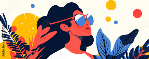 Stylish woman in sunglasses amidst colorful tropical foliage and abstract shapes vector