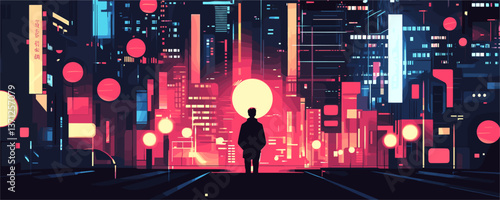 Futuristic cityscape with silhouetted figure at night – vector art