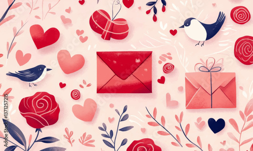 Make a Valentine's Day card with a modern design, incorporating red love letters, roses, gifts, and hearts on a pink patterned background for the celebration.