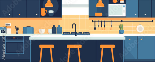Modern kitchen interior with blue cabinets and orange accents - vector
