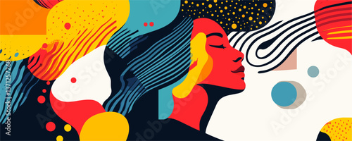 Abstract pop art woman with colorful geometric shapes and patterns - vector