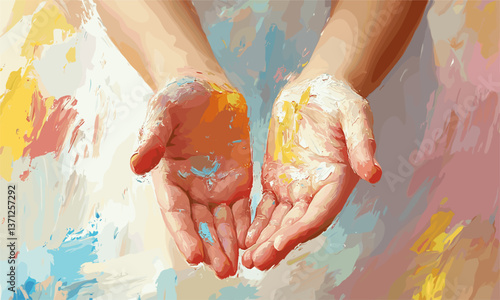 Open hands with colorful paint strokes on artistic background – vector
