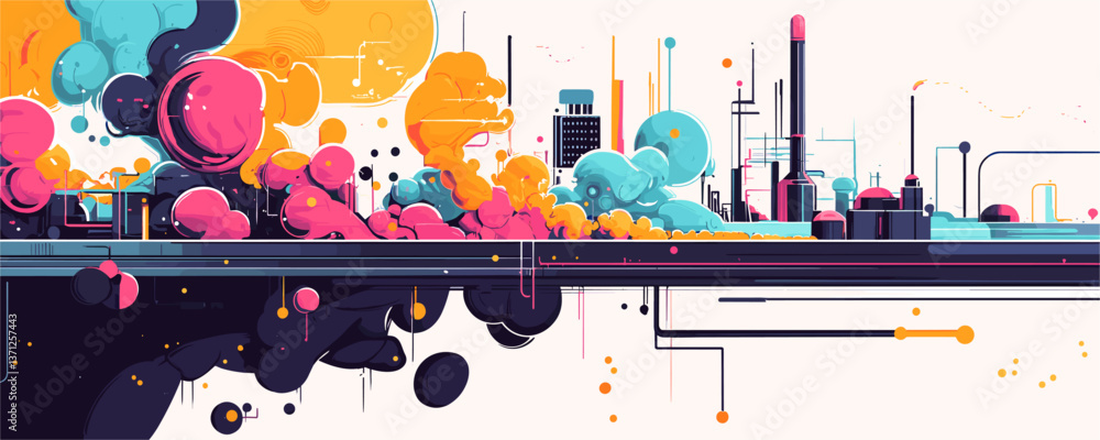 Obraz premium Futuristic urban skyline with abstract cloud elements, colorful, modern design, vector
