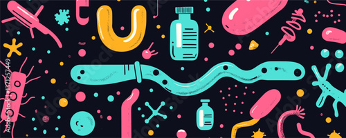 Colorful microorganisms and laboratory tools in stylized design vector