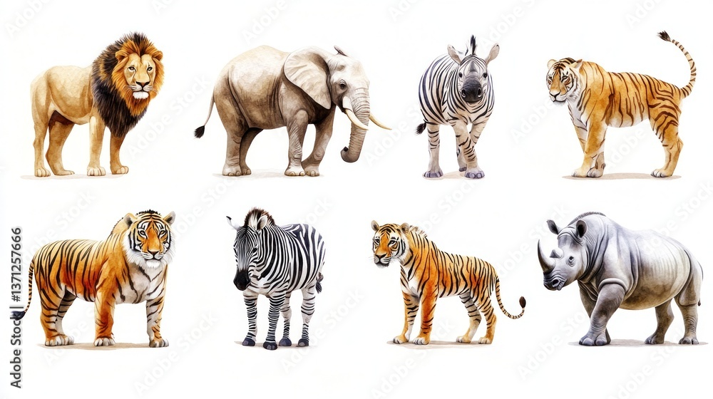 Naklejka premium Safari animals watercolor illustration elephant zebra lion tiger rhinoceros