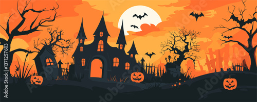 Spooky haunted house with pumpkins and bats at sunset - halloween theme vector