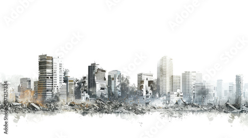 Apocalyptic Cityscape: Depicts a city devastated, with ruined buildings, conveying themes of destruction, disaster, and the aftermath of a catastrophic event. 