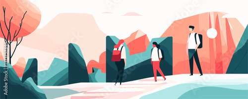 Hikers exploring scenic mountain landscape with backpacks - vector