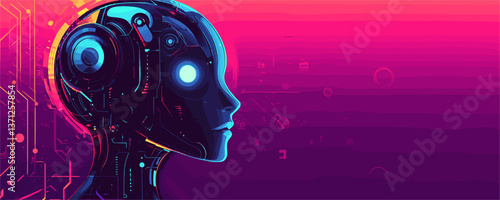 Futuristic ai robot with neon circuits against a digital background - vector