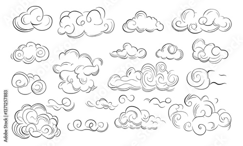 Collection of hand-drawn cloud sketches with swirls and patterns, black and white vector