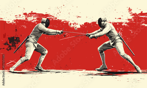 Dynamic fencing duel with red background, two fencers in action, artistic sports vector